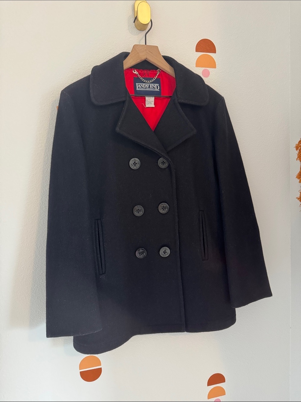 Lands' End Women's Black Double-Breasted Peacoat with Red Lining N0134